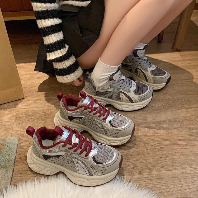 Platform Dad Shoes for Women 2025 Autumn and Winter New Retro Versatile Casual Ankola Red and Silver Heightening Sneakers for Women