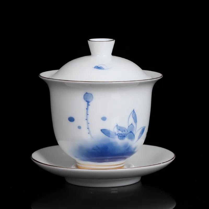 High Quality White Porcelain Gaiwan Portable Ceramic Tea Set Chinese Hand Painted Tea Bowl Tea Ceremony Accessories 170ml