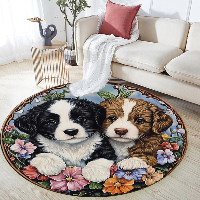 Two Cute Puppies Round Area Rug,Carpet Rug for Living Room Bedroom Sofa Playroom Decor,Non-slip Floor Mat