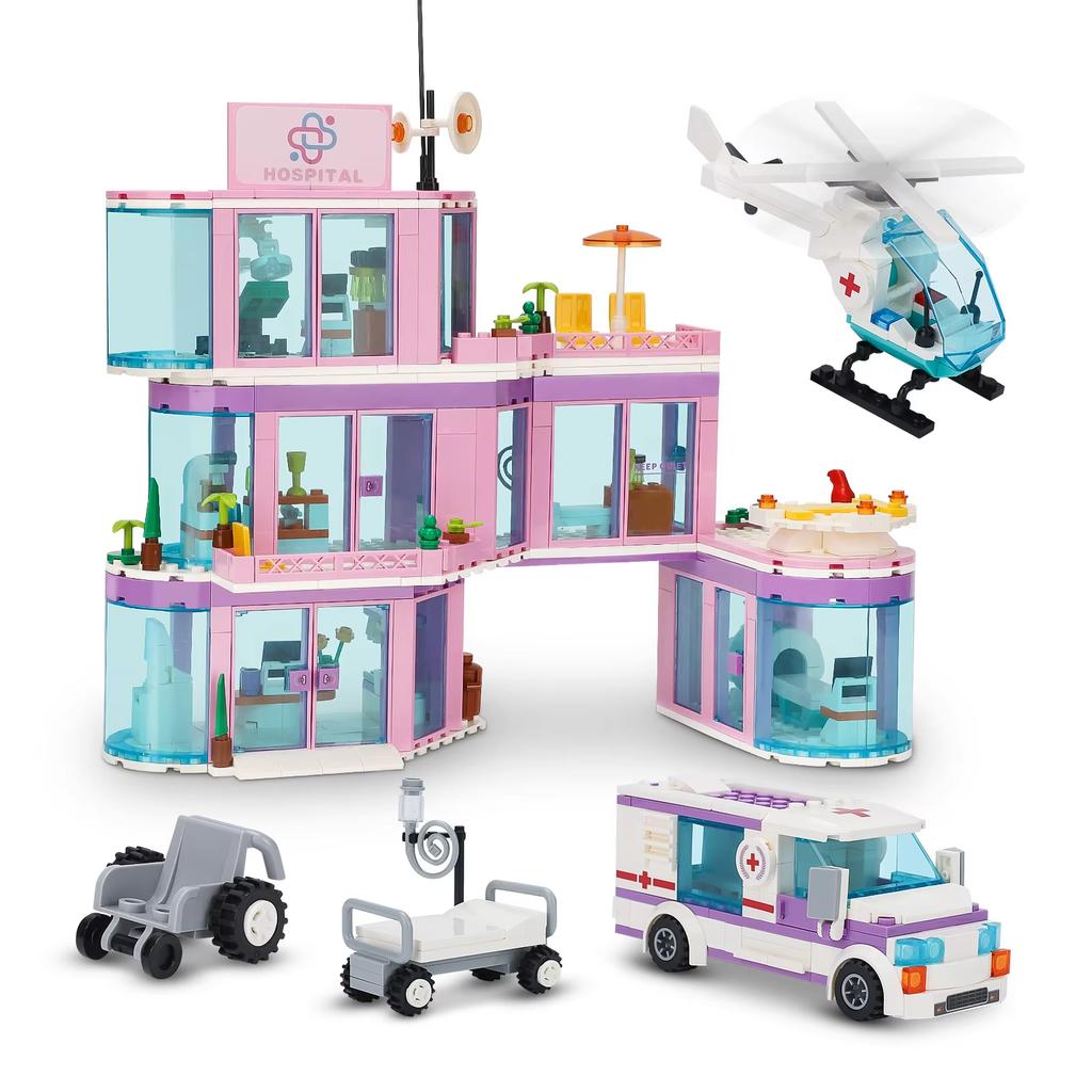 Moc City Street View Hospital Building Bricks Diy Friends Ambulance Helicopter Block Toys For Girl Festival Gift
