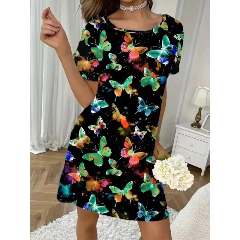 Sommer Damen 3D-Druck Rundhals Kurzarm Kleid Mode Vielseitig Trend Atmungsaktiv Lässig