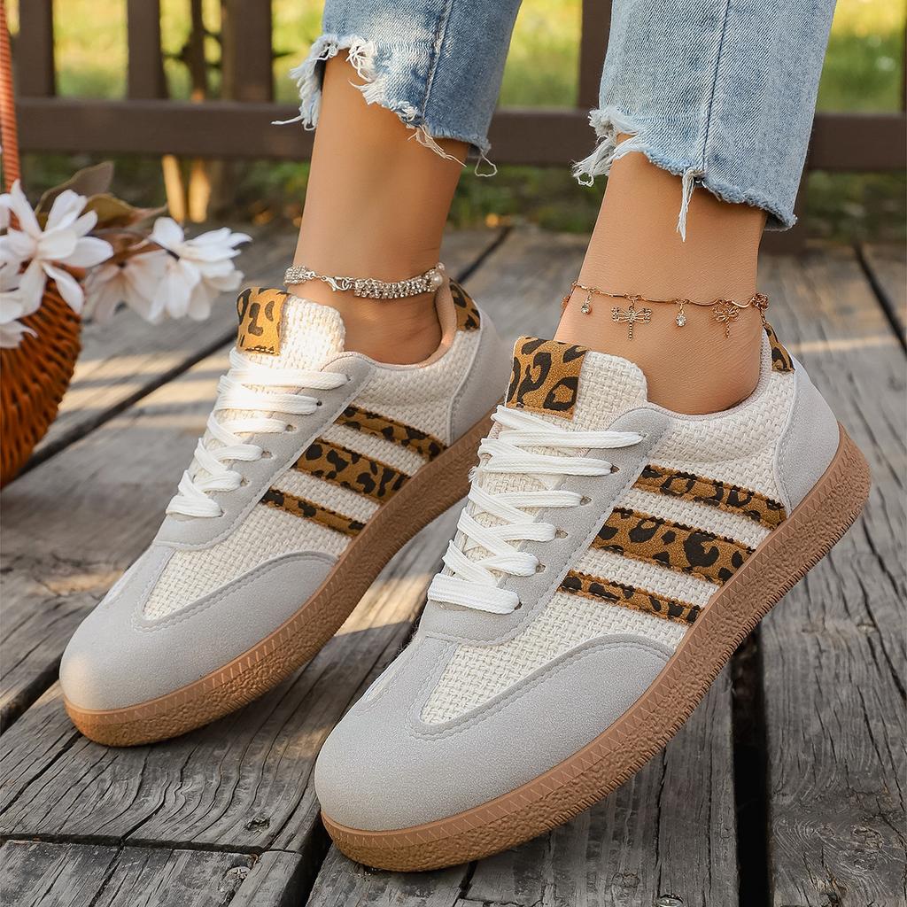 Large Size Spring and Autumn New Retro Leopard Print Women's Round Head Lace-up Large Size Casual Board Shoes