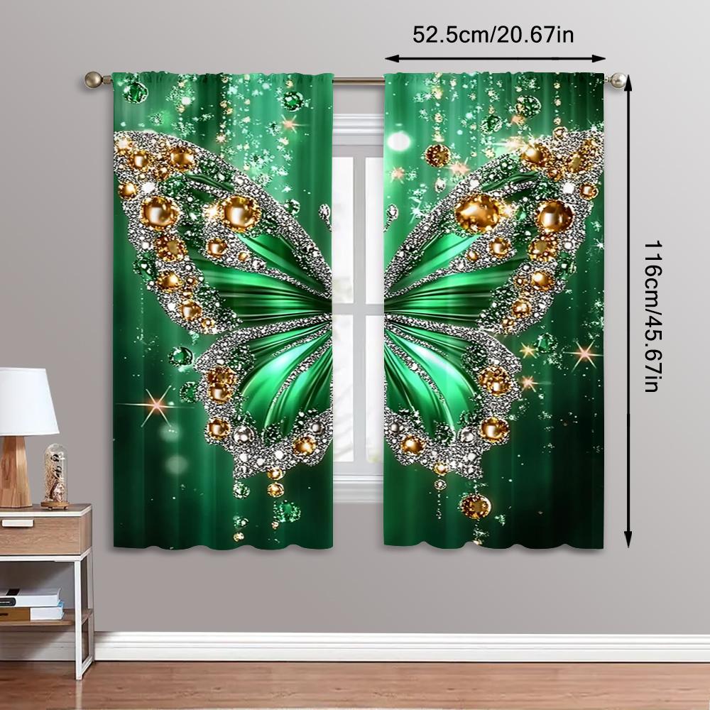 2pc,Curtains  Diamond Pearl Butterfly Machine Washable Fabric,Without Electricity Festive Holiday Suitable for Classroom
