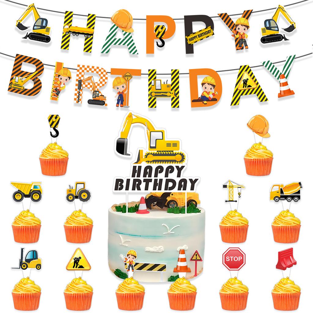 Children'S Birthday Party Decoration Excavator Pulling Flag Vortex Construction Truck Forklift Cake Sticker