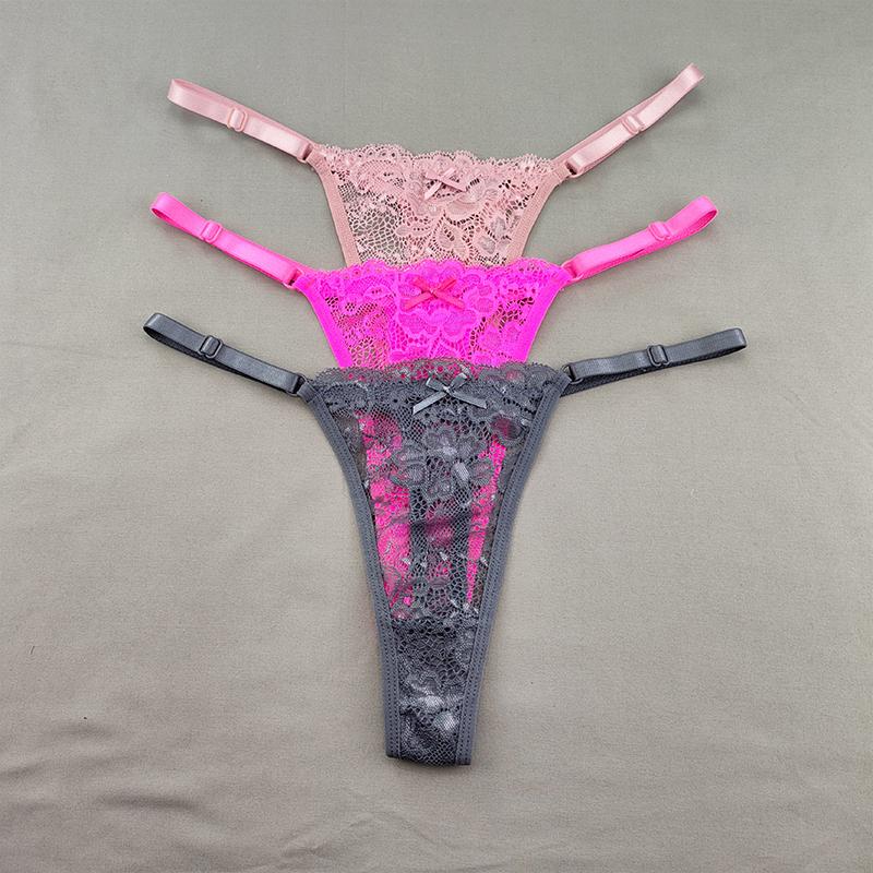 3Pcs Women's Lace Hollow Out Thongs Sheer G-Strings Sexy Ultra-low Rise Seamless Panties Perspective Bow Knickers