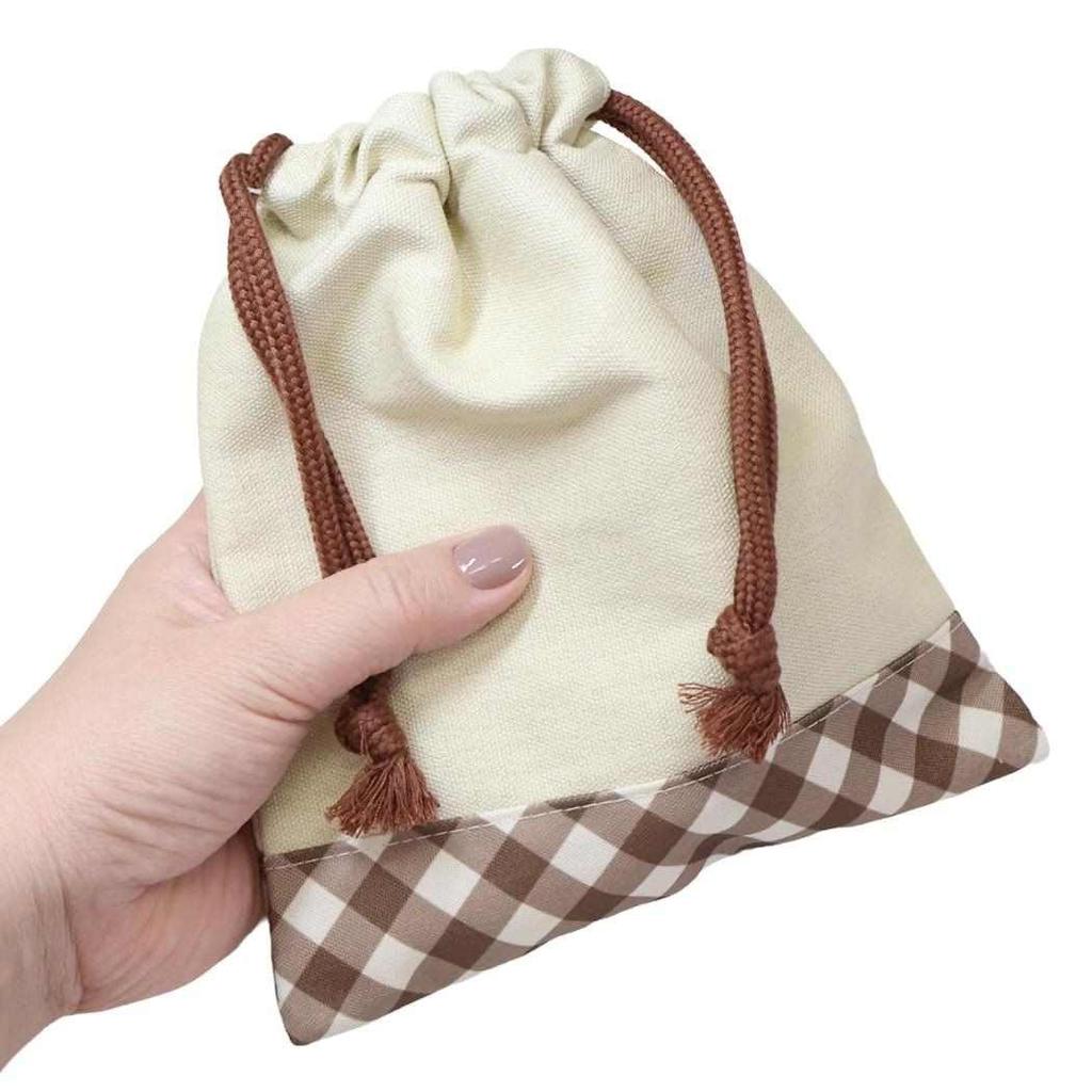 Marimo Craft Miffy Diagonal Check Series Drawstring BagCharacter Storage Bag, Cute Gift, Beige, Approx. W170 x H200mm (DBM-3126)