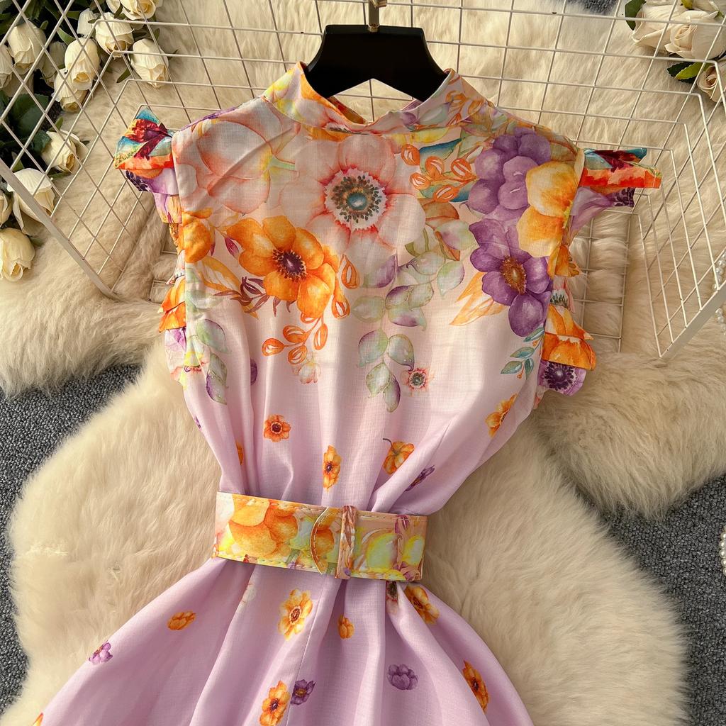 Kleid mit Blumendruck für Damen, Rüschen, fliegende Ärmel, kontrastierende einreihige Kleider, Taillenschnürkleider im Palaststil