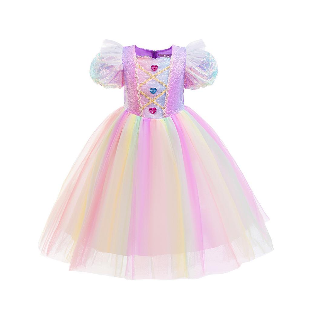 2024 Foreign Trade Girls Love Colored Gems Princess Gauze Dress Spring and Summer Flowing Color Unicorn Dress Stage