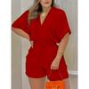 Solid V Neck Romper, Elegant Short Sleeve Shirred Waist Jumpsuit For Spring & Summer, Women's Clothing