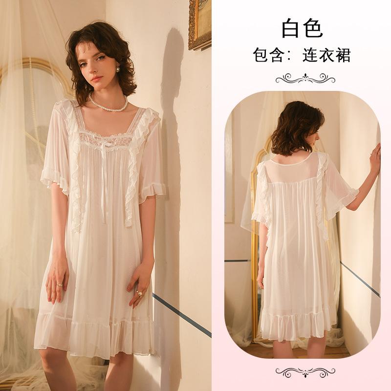 Retro European and American sexy lace ruffle edge mesh nightdress medium sleeve long women s loungewear 963 S