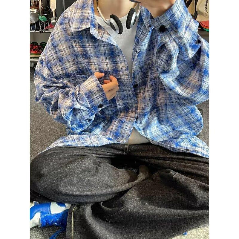 Spring and autumn high-end retro tie-dye plaid shirt men's long-sleeved versatile simple jacket