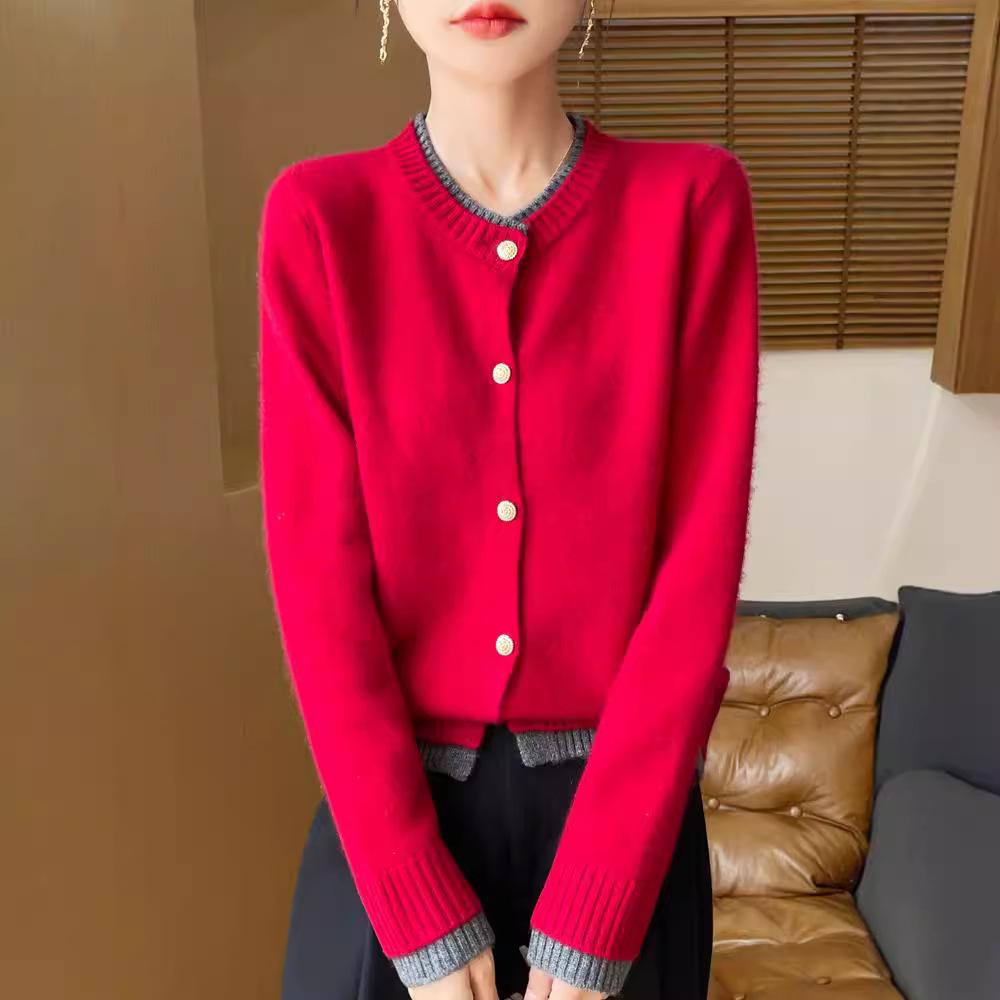 Autumn/Winter Women's Loose Fit 100% Wool Korean Style Color Block Cardigan Sweater
