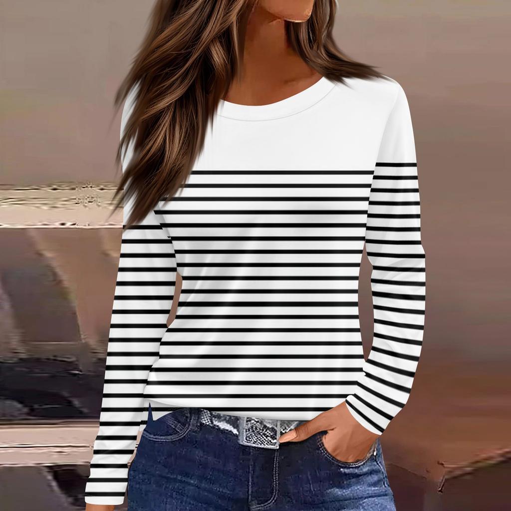 Women's Fashion Casual Slit Hem Round Neck Long Sleeve Loose  Printed T-Shirt Ladies Top
