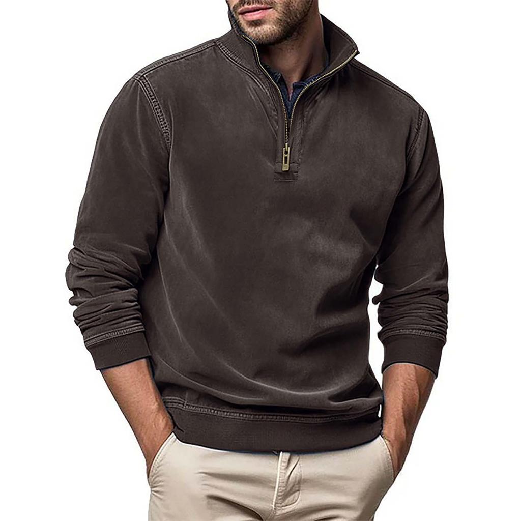 Men's Long Sleeved Zipper Stand Up Collar Sweatshirt Men's Collar Imitation Leather Thread Pullover Top