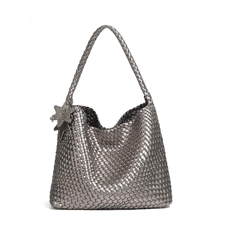 Original design autumn and winter champagne-colored woven tote bag, large-capacity commuter handbag, fashionable women's shoulder bag