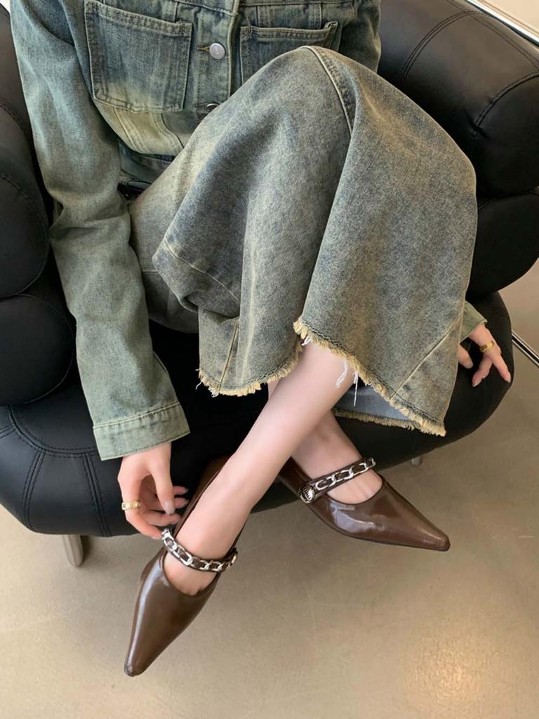 fashion Pointed Toe Women Mules Ballet Dance Loafers 2024 New Arrivals Black Brown Silver Metal Chain Casual Sandals Belt Buckle 35-39