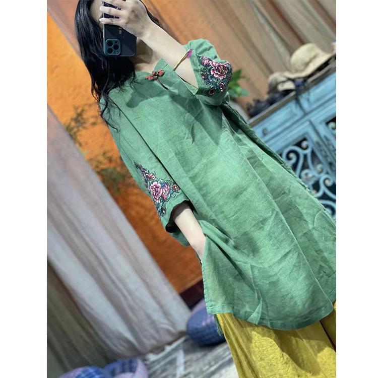 Plus Size Embroidered Cotton Linen Dress with 3/4 Sleeves - Retro Style for Spring and Autumn