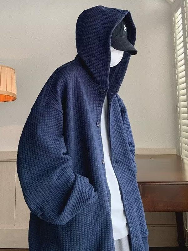 Men's Oversized Retro Waffle Knit Hooded Sweatshirt - Heavy-Weight Casual Jacket for Spring & Autumn by Trendy Brand