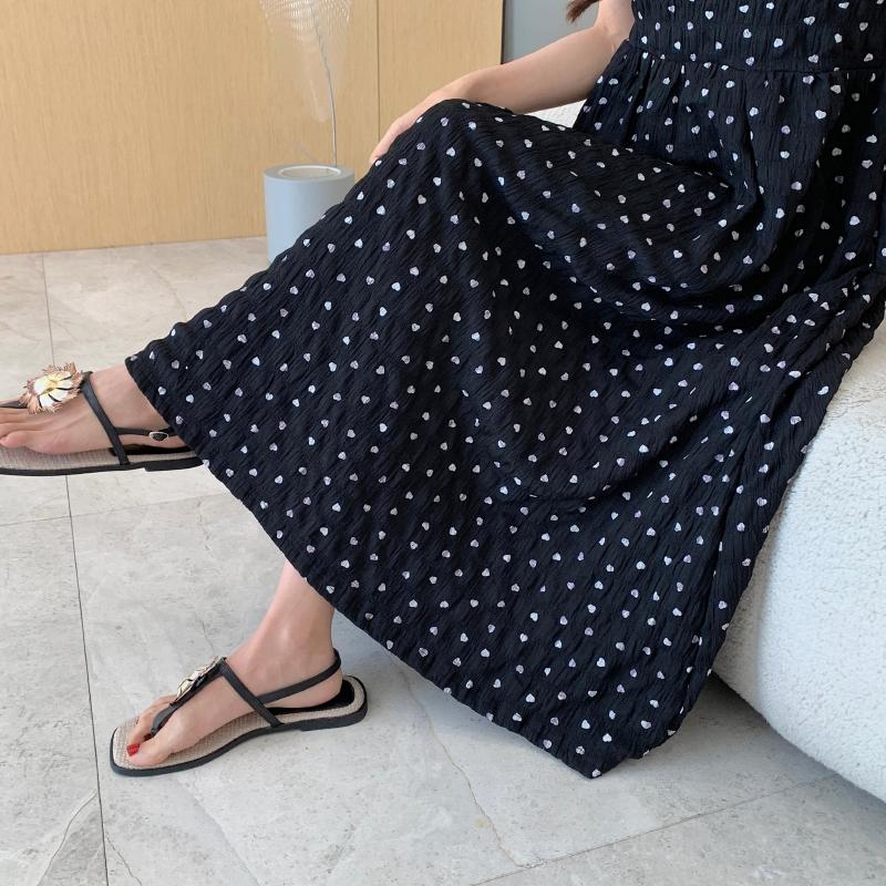 DIMANAF 2025 Summer Plus Size Dress Women Casual Polka Dot Printing Vintage Dress Basic Loose Black O-Neck Long Dress