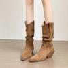 Pointed Western Cowboy Boots Women's 2026 Autumn Retro Medium Boots Thick Heel Sleeve Skinny Pleated Pile Boots