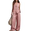 2026 Womens Linen Blend Sleeveless Vest Wide Leg Pants Set Casual Outfit In Solid Colors