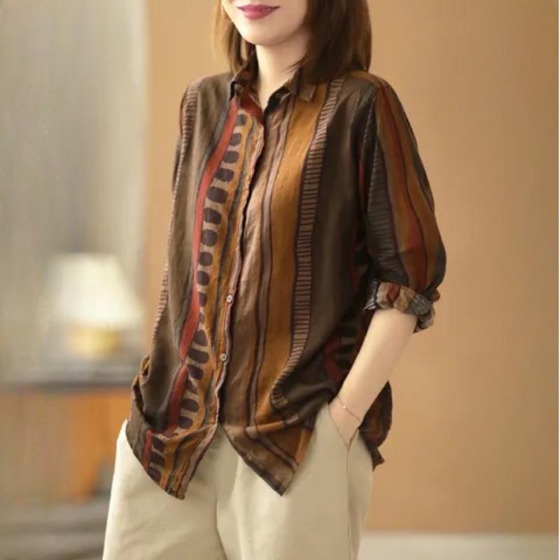 Literary Retro Casual Loose Printed Cotton and Linen Long-sleeved Shirt Women's Autumn Bottoming Shirt