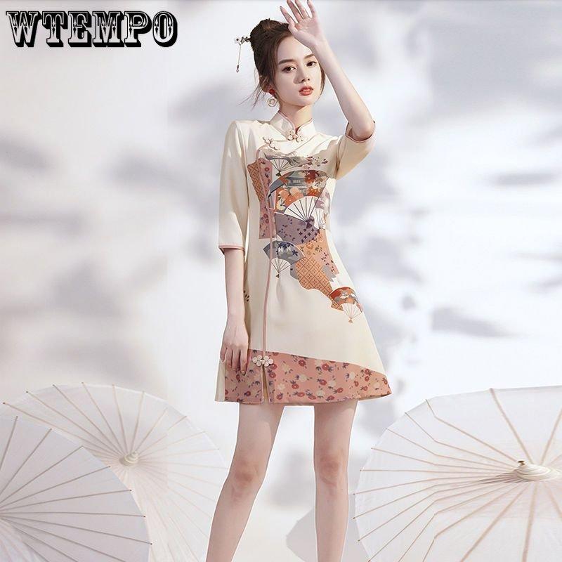 Frühling und Herbst Damenkleid Damen Cheongsam Chinesischer Stil Retro Mädchen Kleines kurzes Cheongsam Kleid
