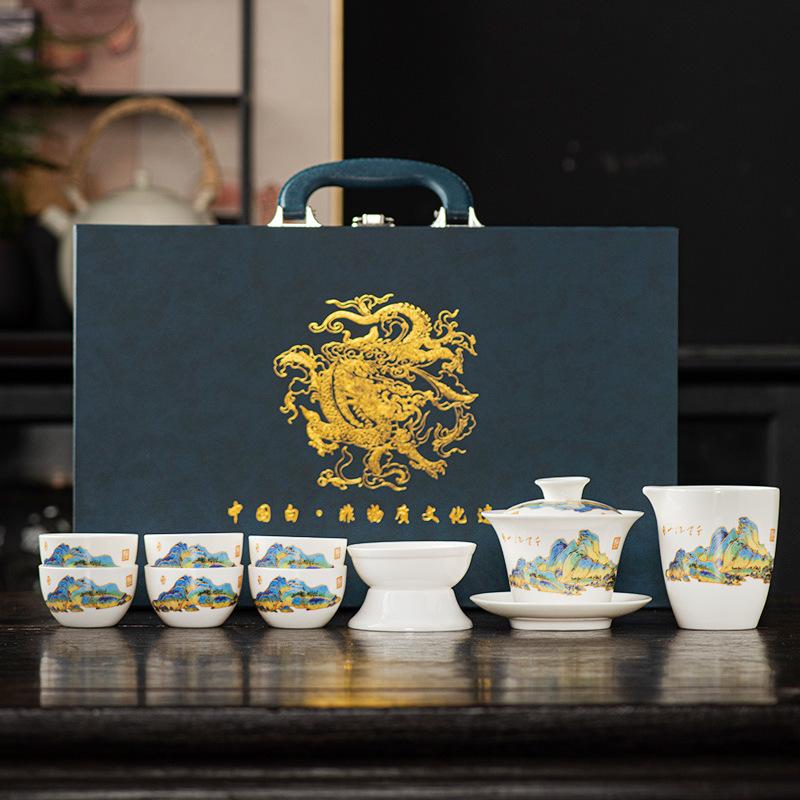 Premium beauty suet jade white porcelain kung fu tea set, household Xishi pot tea cup light luxury high-end gift box