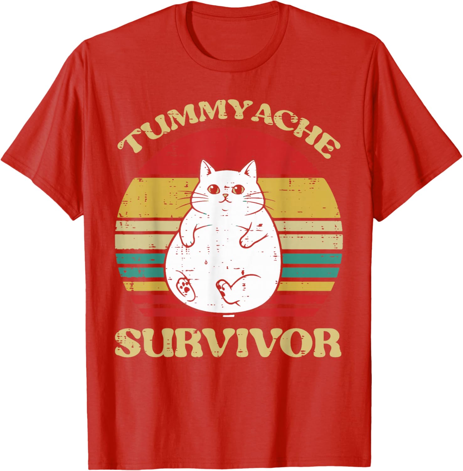 Funny Tummyache Survivor Fat Cat Graphic Tee Retro Sunset Casual TShirt for Men Women S