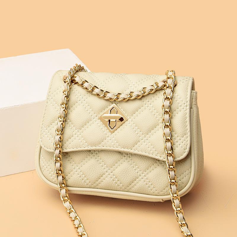 Leather Bag Women'S Xiaoxiangfeng First-Layer Cowhide Rhombus Chain Small Square Bag One Shoulder Messenger Bag