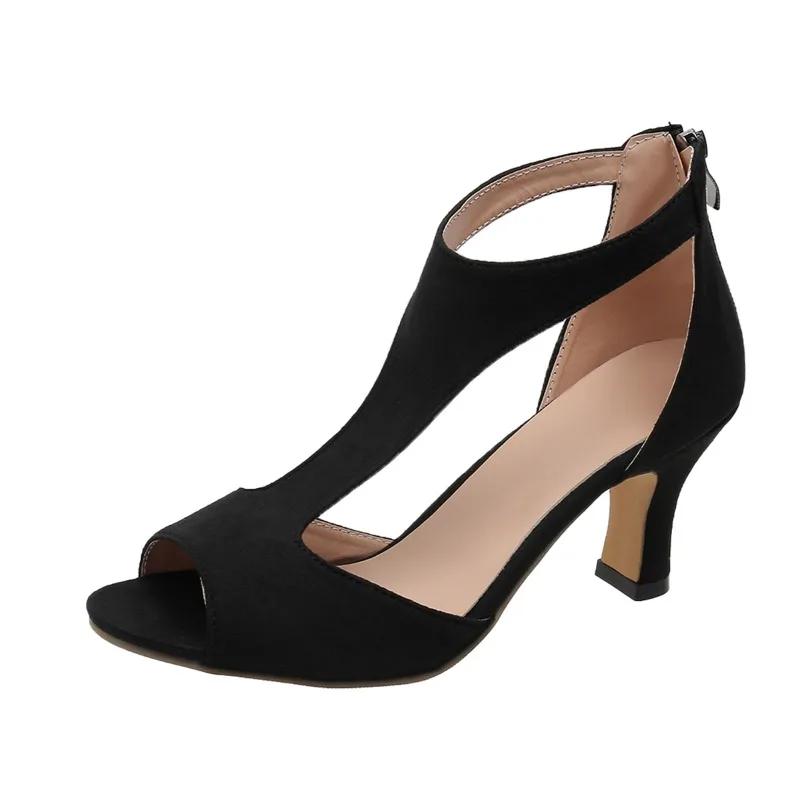 Fashion Women's Shoes 2024 Peep Toe Women's Sandals Cover Heel Dress Sandals Women Round Toe Back Zip High Heels Plus Size Shoes Women