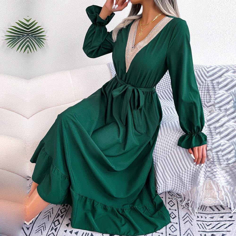 Women Spring Summer V Neck Lace Up High Waist Ruffle Edge Solid Color A Line Dresses