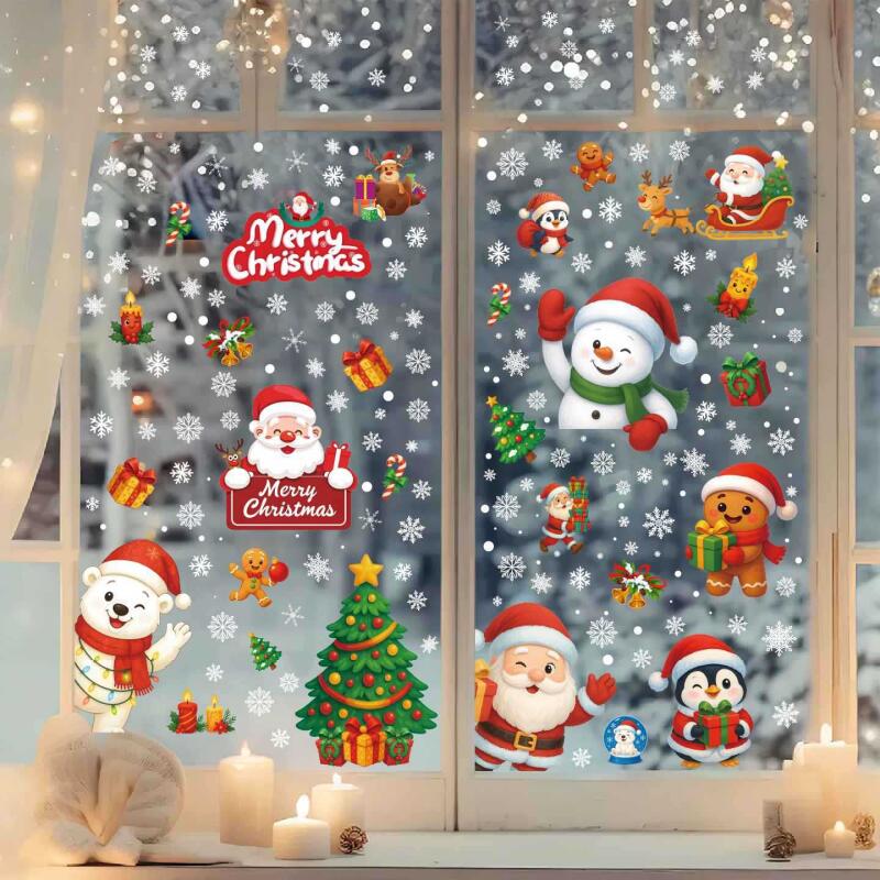 Christmas Static Cling Stickers - Reusable Santa Snowflake Window Decals for Glass Tiles with Slavic Folk Motifs