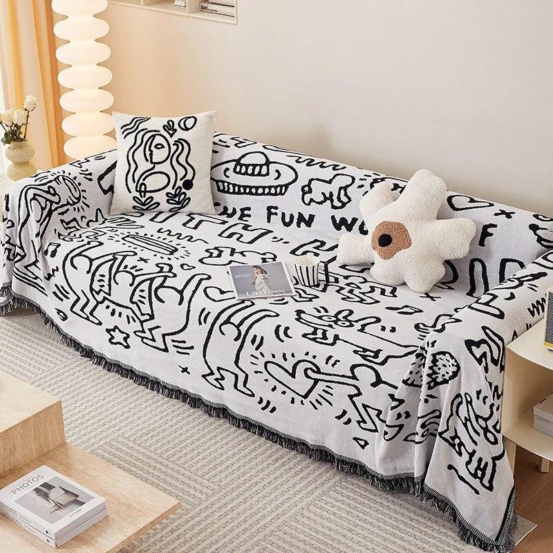 Cute Cartoon Sofa Cover with Tassels Modern Throw Blanket for Bed Couch Outdoor Camping Picnic Mat