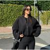 Cappotto di Lana Tinta Unita con Zip Moda Donna Manica Lunga Girocollo Giacca Bomber da Donna Autunno Caldo Tasca Capospalla Corto Chic da Strada Femminile