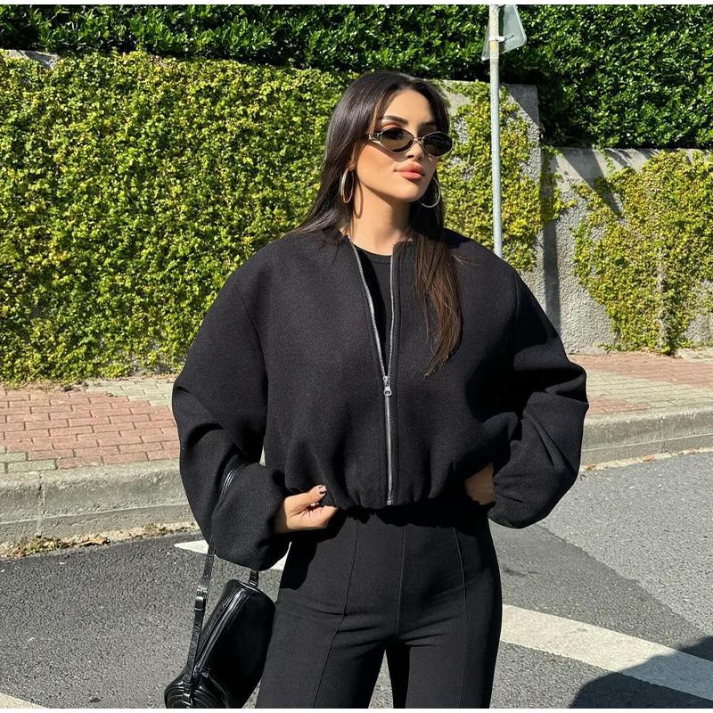 Cappotto di Lana Tinta Unita con Zip Moda Donna Manica Lunga Girocollo Giacca Bomber da Donna Autunno Caldo Tasca Capospalla Corto Chic da Strada Femminile