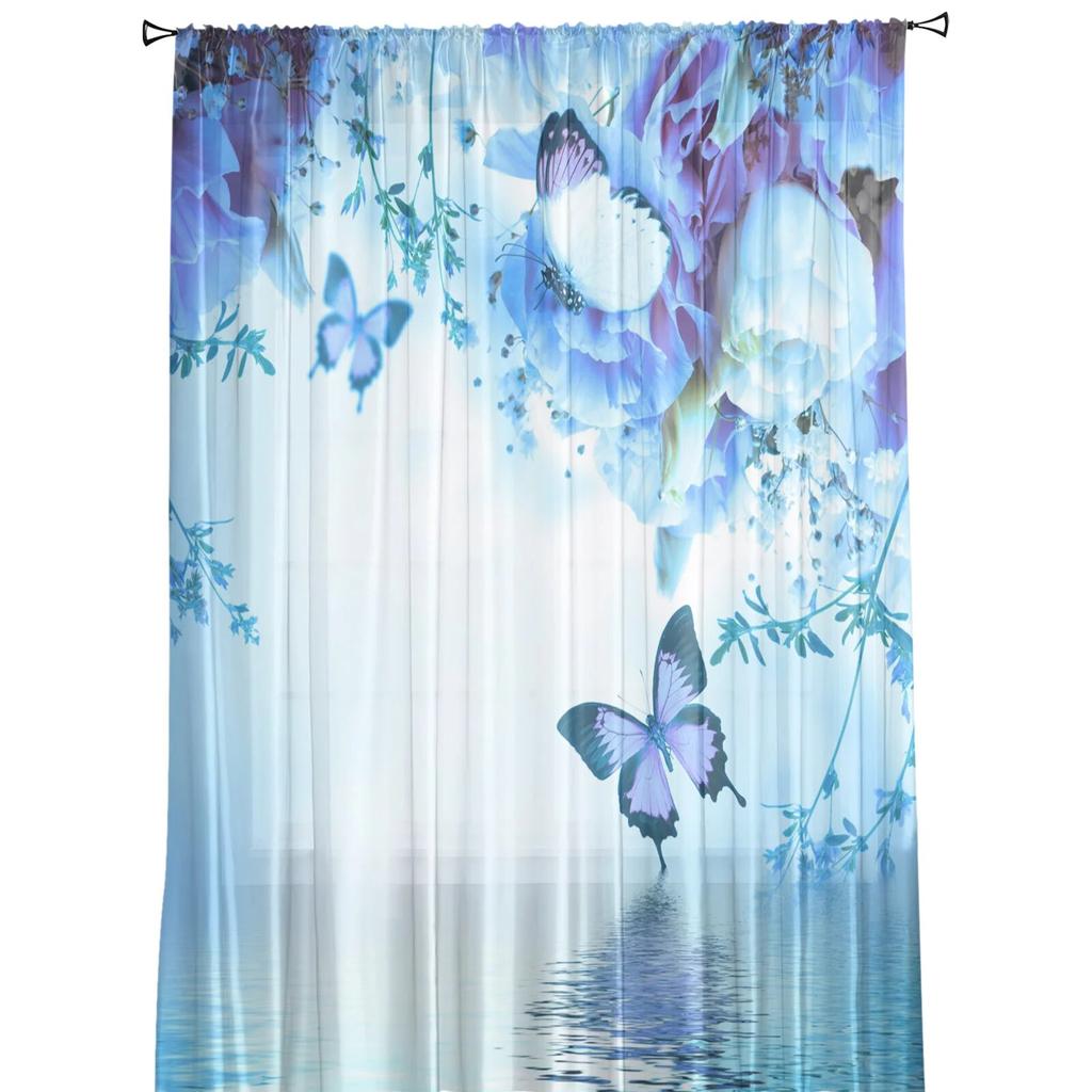 Animal Butterfly Flower Blue Rose Window Tulle Curtains For Living Room Bedroom Hotel Luxury Decoration Sheer Curtains