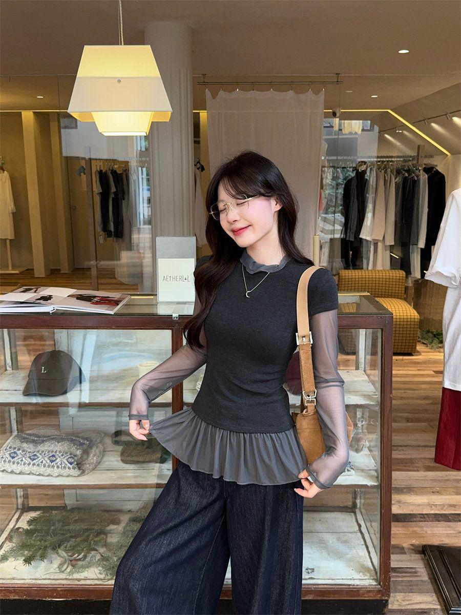 

Доступно сейчас: Сладкая сетчатая пэчворк двухслойная футболка - Корейский стиль 2025, Высокий ворот, Длинный рукав, Базовый слой. Large темно-серого