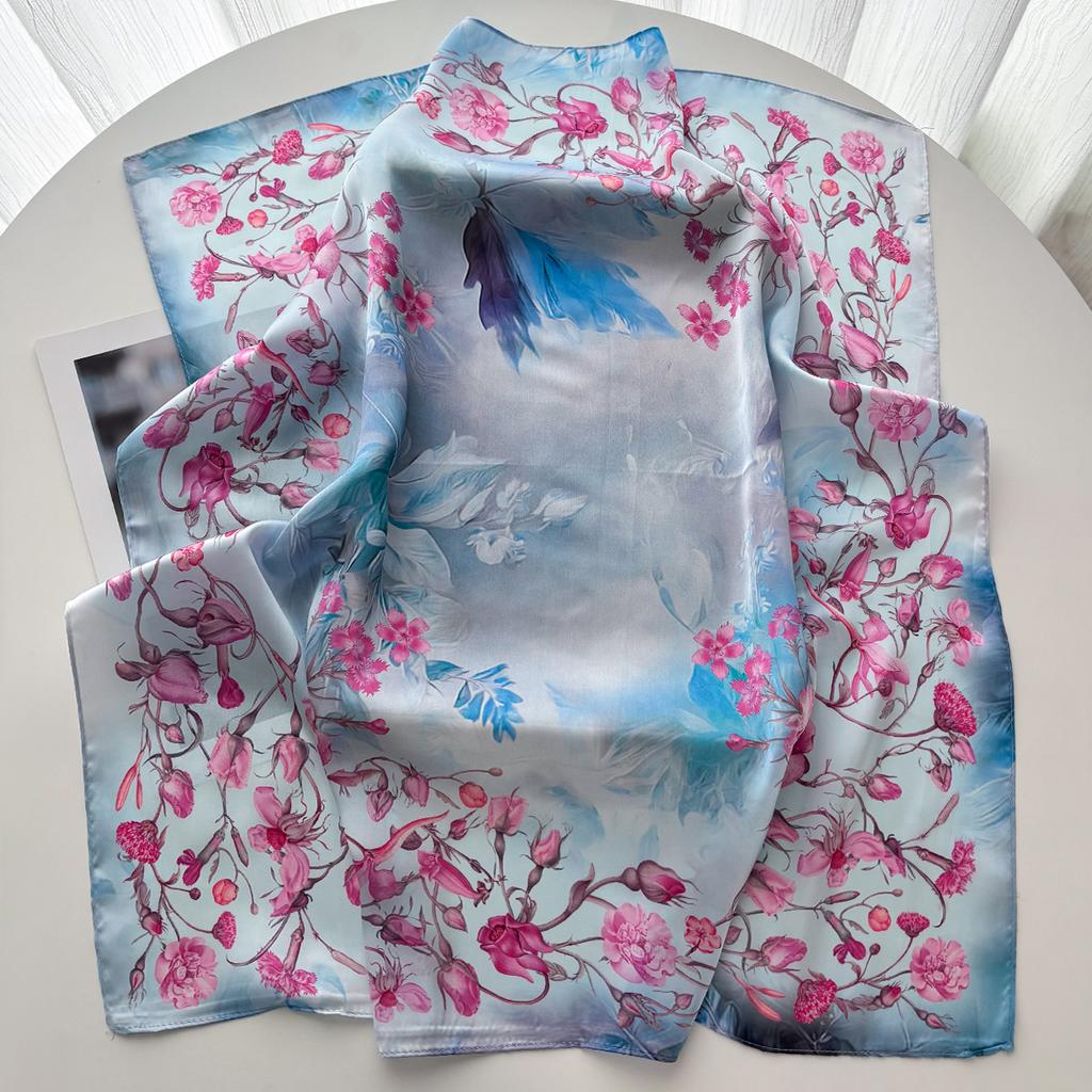 Luxury Square Scarf For Women Elegant Floral Print Ladies Hijab Neckerchief Fashion Shawl Soft Stain Imitation Silk Bandana