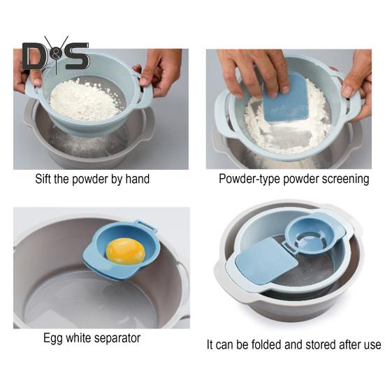 Stackable Flour Sieve Set 4-Piece Multifunctional Kitchen Baking Tools Including Fine Mesh Sifter Egg White Separator & Flour Scraper Portable Pollen