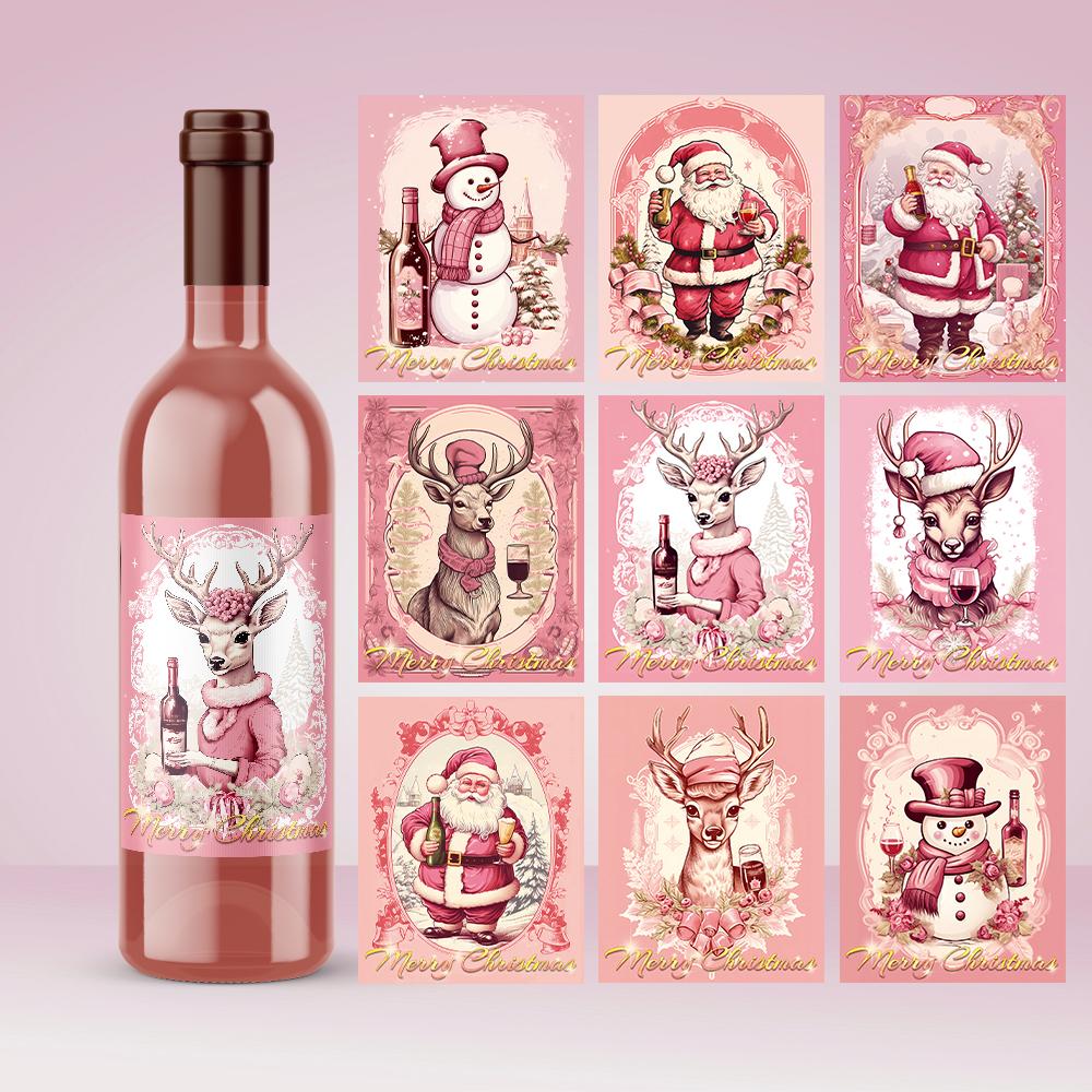 9pcs Christmas Decoration Wine Bottle Waterproof Stickers 5x3.93inch Christmas Wine Label, Christmas Party Decoration