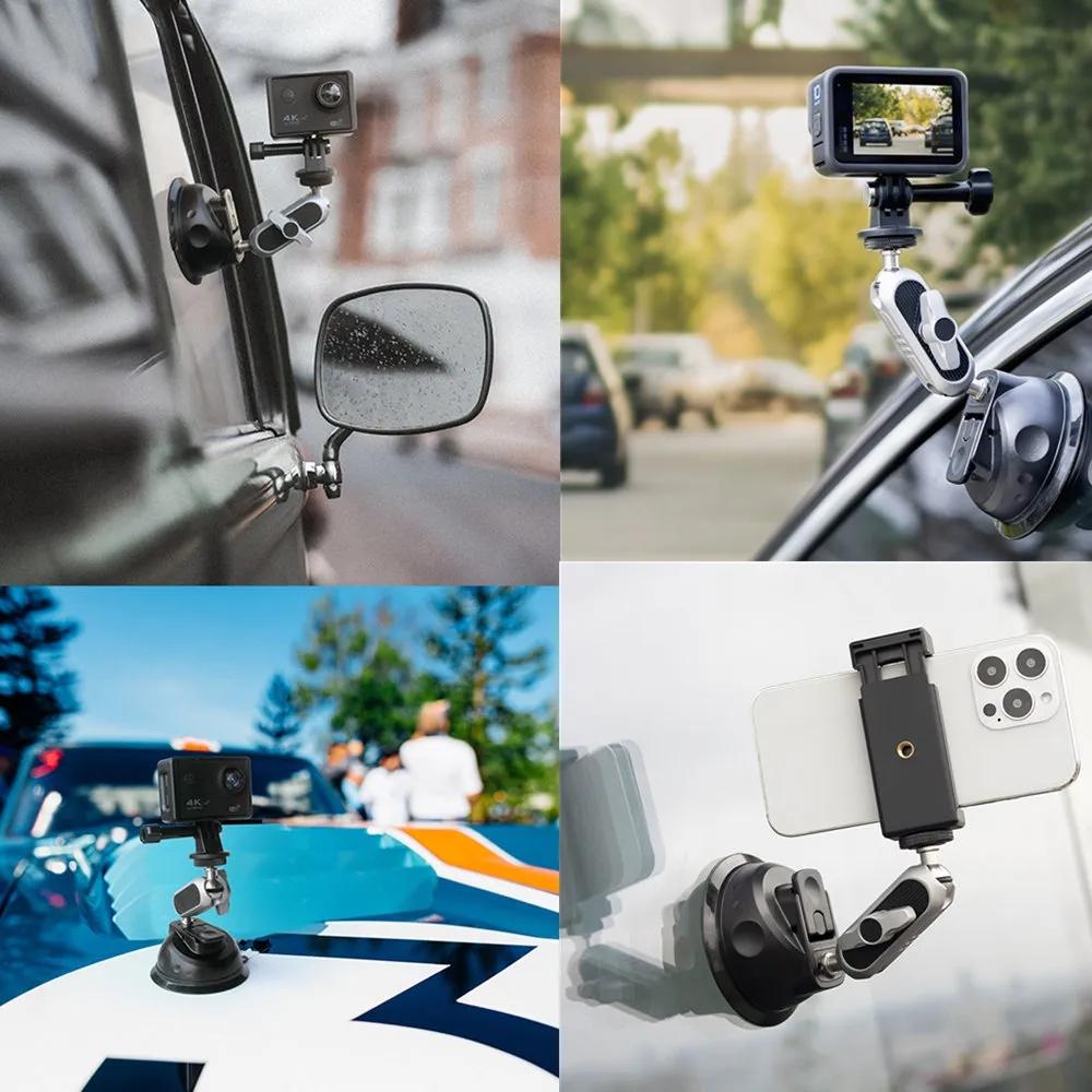 For Gopro13 DJI Action 4 Metal Car Suction Cup Mount Bracket 360 Adjustable 1/4 Standard Adapter for Insta360 X4 Ace Pro Car Cup