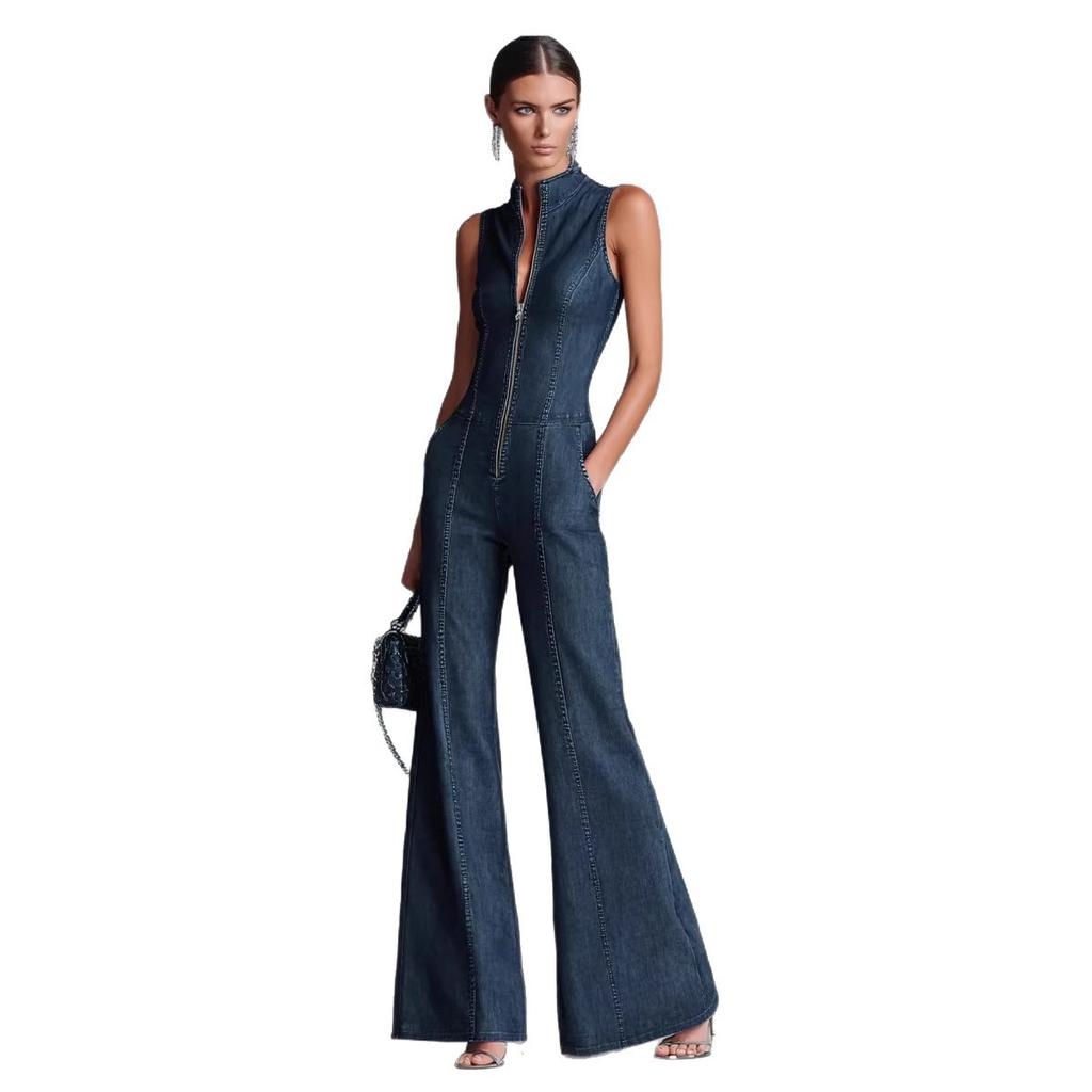 Dames mouwloze denim jumpsuit met opstaande kraag, ritssluiting aan de voorkant, wijde pijpen, uitlopende broek