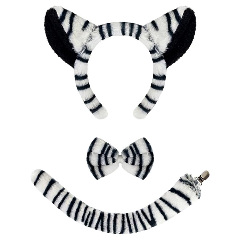 1/3Pcs Kids Zebras Costume Set Zebras Ear Headband Tail Bowtie for Halloween Christmas Cosplay Animal Dressing Up Set