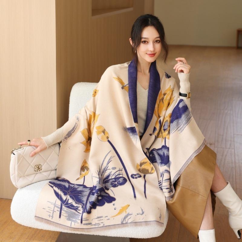 Imitation cashmere ink painting lotus scarf women's new warm simple autumn and winter double-sided thickened scarf