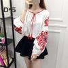 Summer Shirt Women Ethnic Style Embroidered Pattern Pullover Tops Round Neck Lantern Sleeve Loose Fit Blouse
