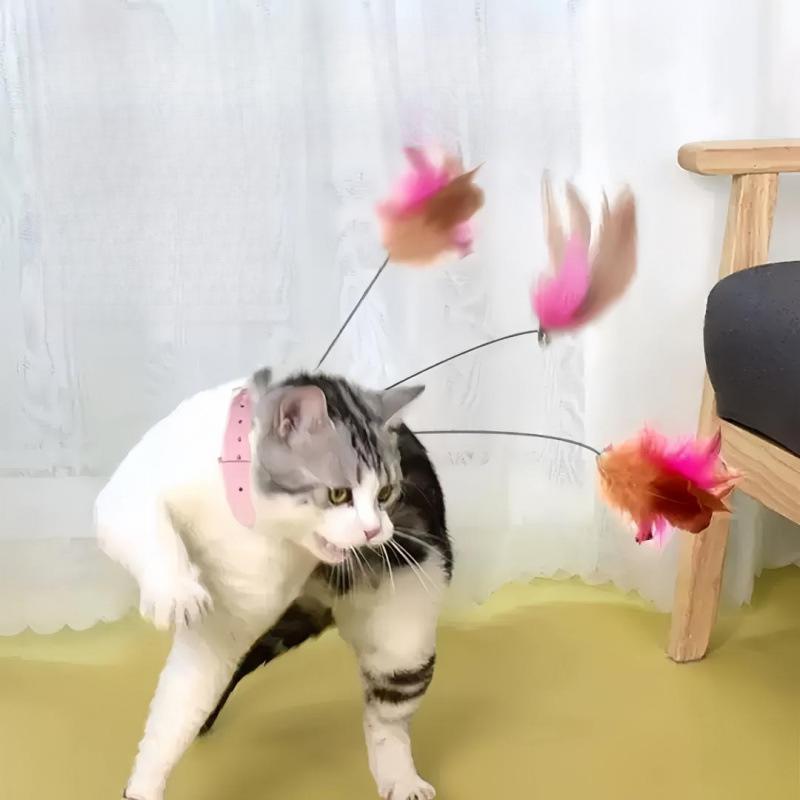 Adjustable Cat Teaser Toy with Bell, Feather, and Bite-Resistant Collar for Self-Entertainment and Relieving Boredom