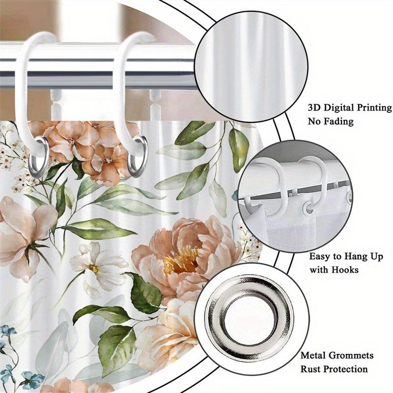 1Pc Peony And Green Leaves Pattern Shower Curtain, Machine Washable Polyester With Hooks, Suitable For Bathroom Decoration