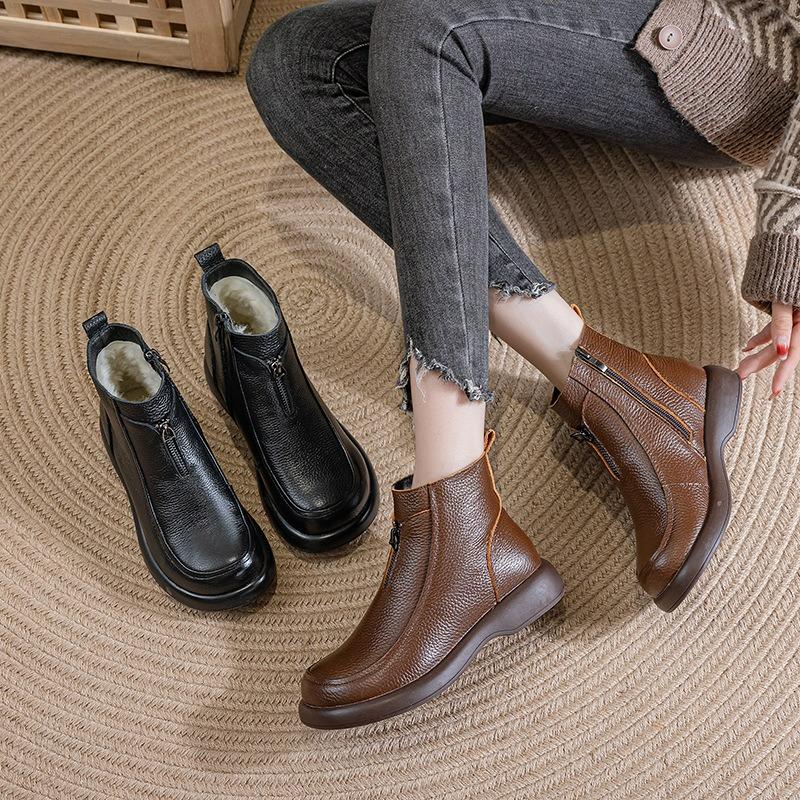 Cowhide Cotton Shoes, Flat-bottomed Wool Short Boots, Women's Winter Plus Velvet Warm Boots, Soft-soled Non-slip Leather Boots