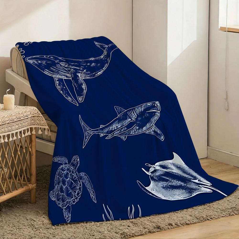 1pc Shark Print Throw Lightweight 240g Flannel Blanket Soft Skin-friendly for Summer Cooling